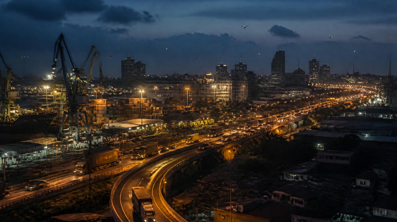 Freight corridor and port at dusk in an African coastal city